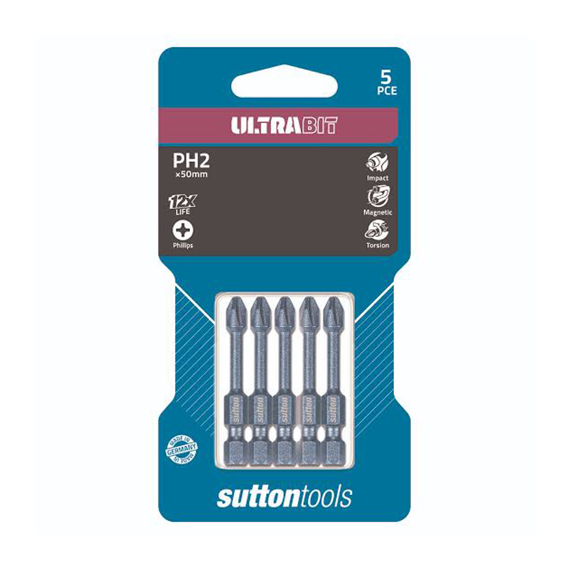 Sutton Tools S1610250 Ultra bit 1/4″ Hex Drive Magnetic Screwdriver Bit with Torsion Zone PH2 50mm Pack of 5