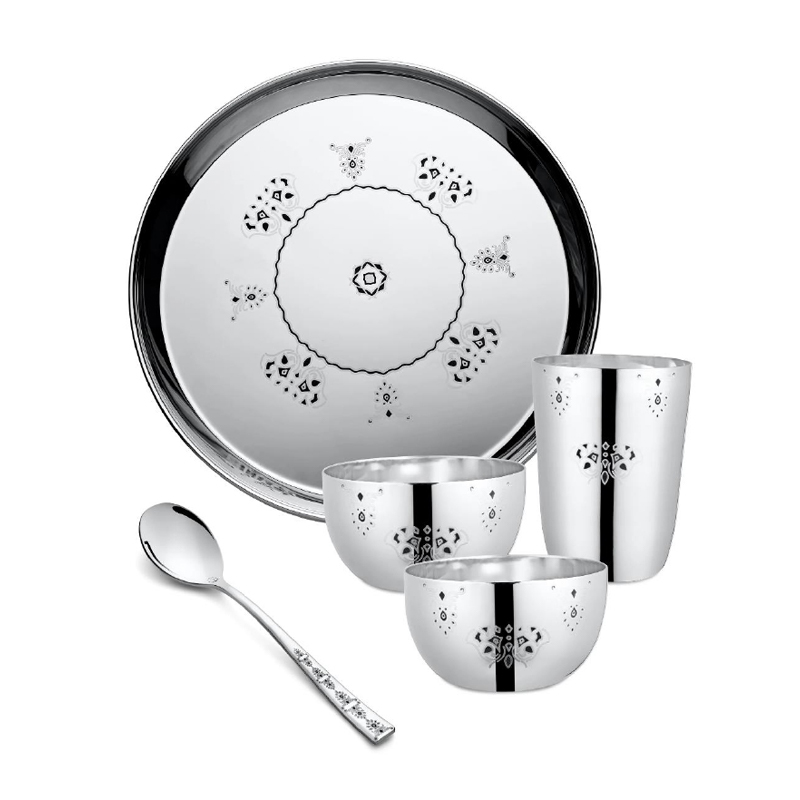 FnS Mandala Laser Design Stainless Steel 5 pcs Dinner Thali Set